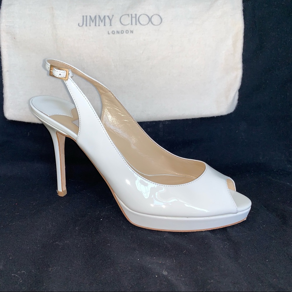 Jimmy Choo White Patent Platform Slingback 37
